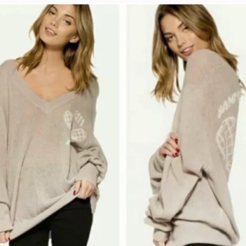 Wildfox Women's V-Neck Sweater in Light Taupe with White Graphic - Picture 2 of 3